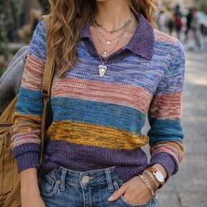 Vintage Little Lisa Striped Marled Knit Sweater Multicolor Polo Collar Small